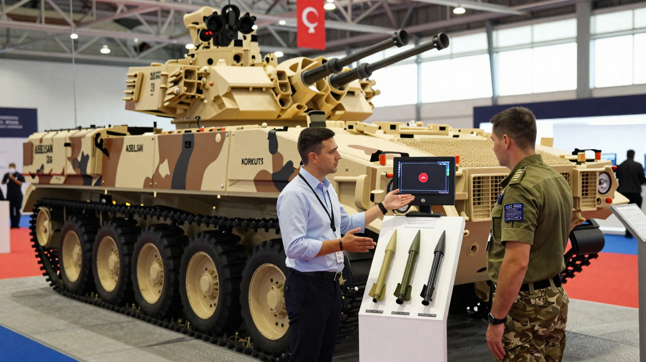 Militar e civil conversam ao lado de veículo blindado com canhão em exposição de defesa.