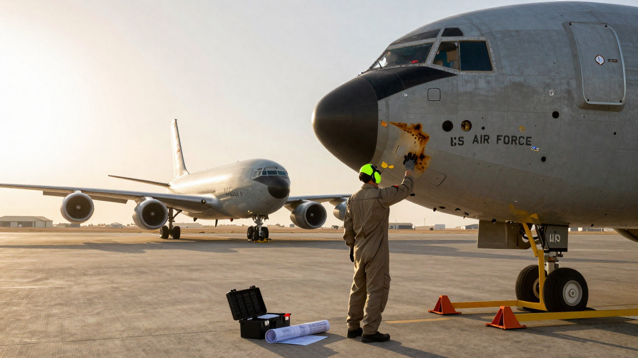 Técnico inspeciona a parte frontal de um avião militar estacionado, com outro avião ao fundo no aeroporto.