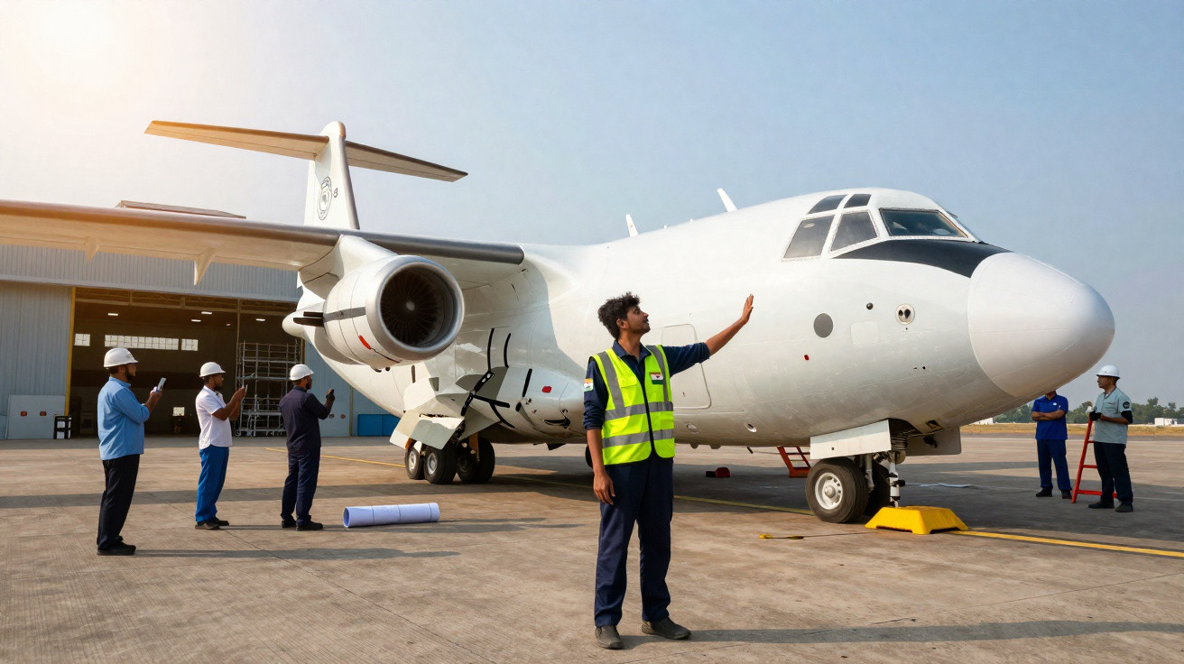 Homem com colete refletivo sinaliza próximo a avião branco em área de manutenção no aeroporto.