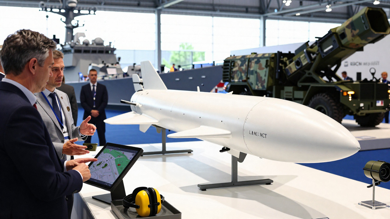 Dois homens observam modelo de míssil branco exposto em feira de tecnologia militar com outros equipamentos ao fundo.