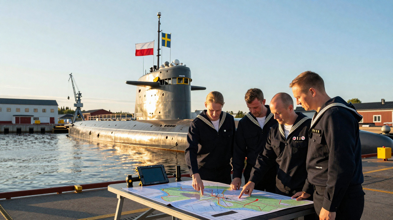 Quatro marinheiros analisam um mapa em mesa ao lado de um submarino atracado em porto ao entardecer.