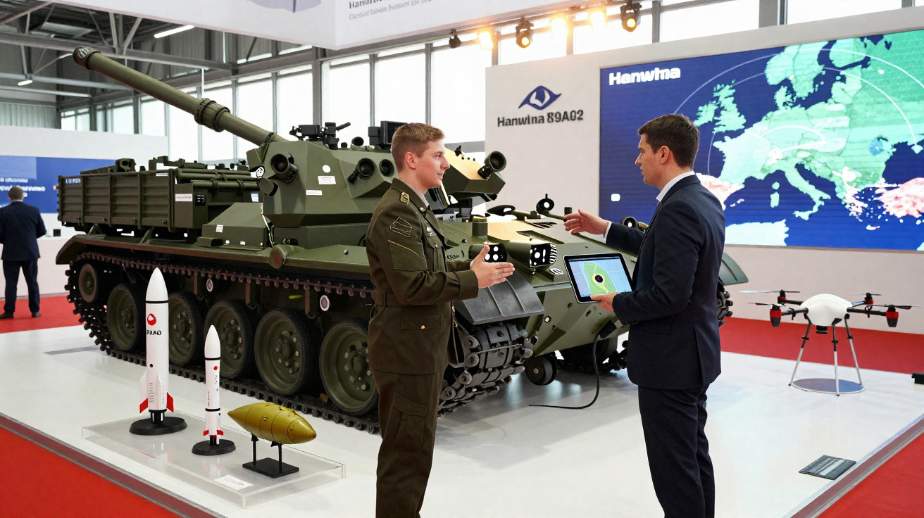 Dois homens discutem ao lado de um tanque militar verde em exposição, com foguetes e um drone próximos.
