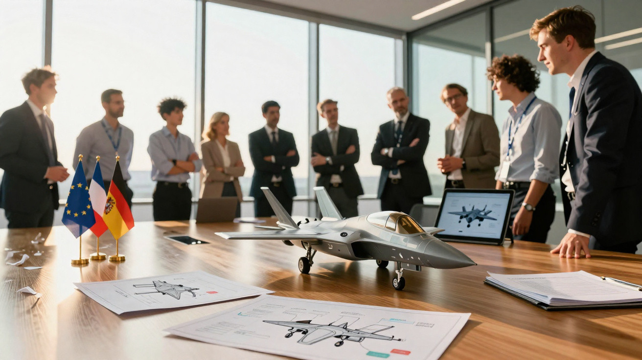 Equipe de profissionais discutindo projeto de avião com maquete e desenhos técnicos em sala de reunião.