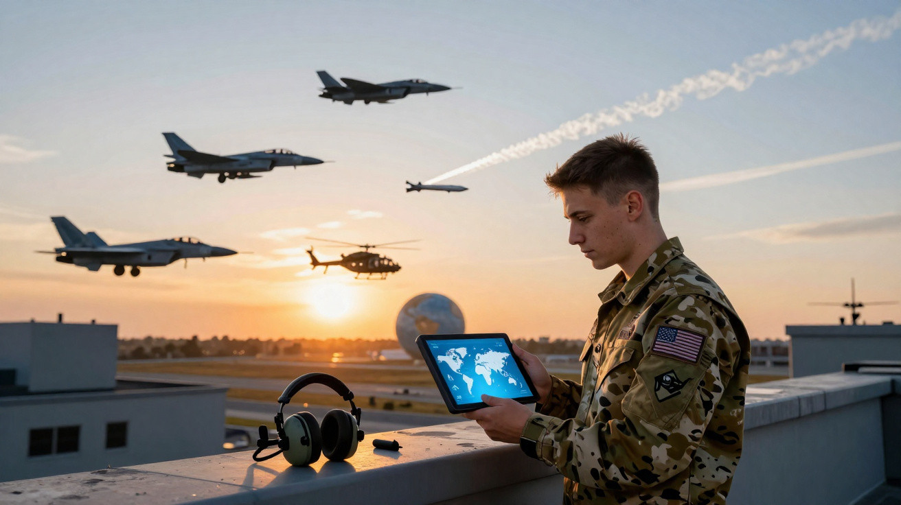 Militar observa tablet com mapa mundial enquanto jatos e helicóptero voam ao pôr do sol.