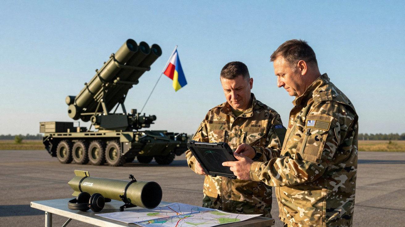 Dois militares em uniforme camuflado analisam mapa e tablet ao ar livre, com equipamento militar e bandeira ao fundo.