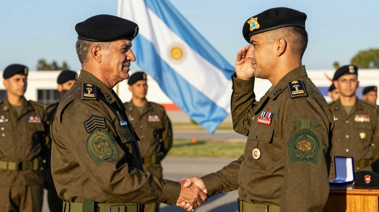 Dois militares fardados se cumprimentam com aperto de mão e continência, com a bandeira da Argentina ao fundo.