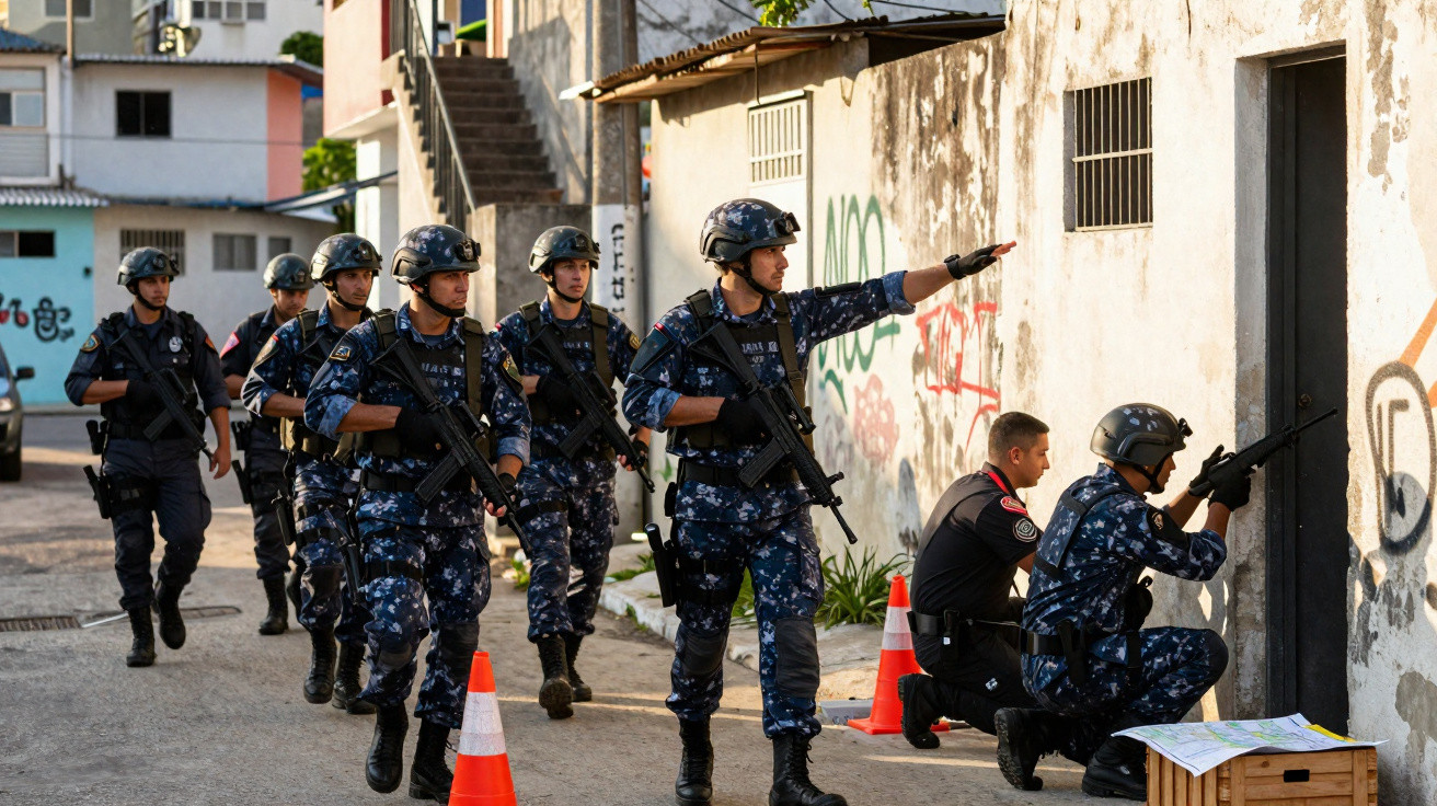 Policiais armados em uniformes táticos fazem operação em rua com paredes grafitadas em área urbana.