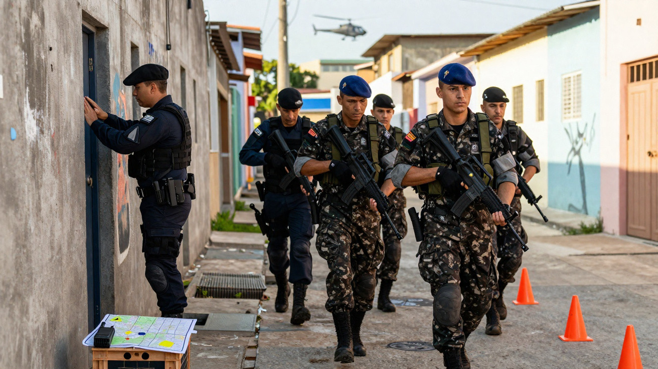 Policiais armados em operação sendo acompanhados por policial anotando informações e helicóptero ao fundo.