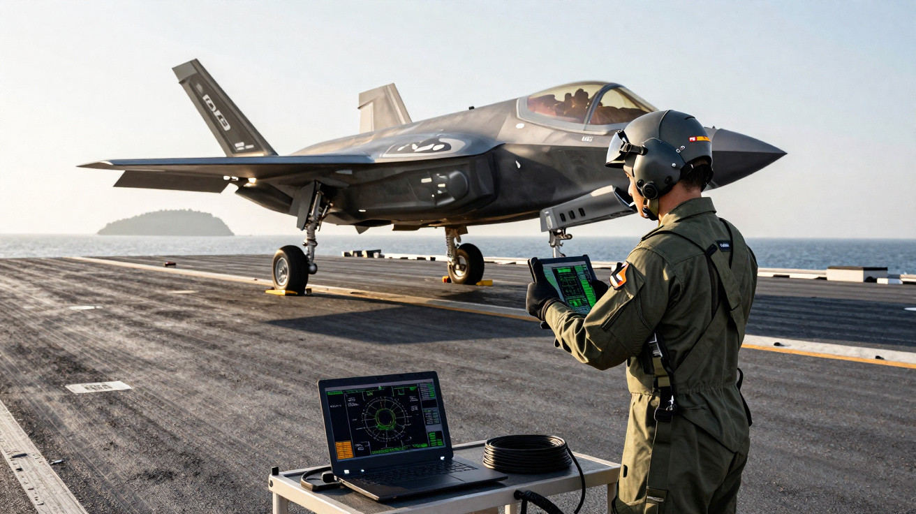 Militar em voo com tablet controla jato de caça F-35 em porta-aviões ao pôr do sol.