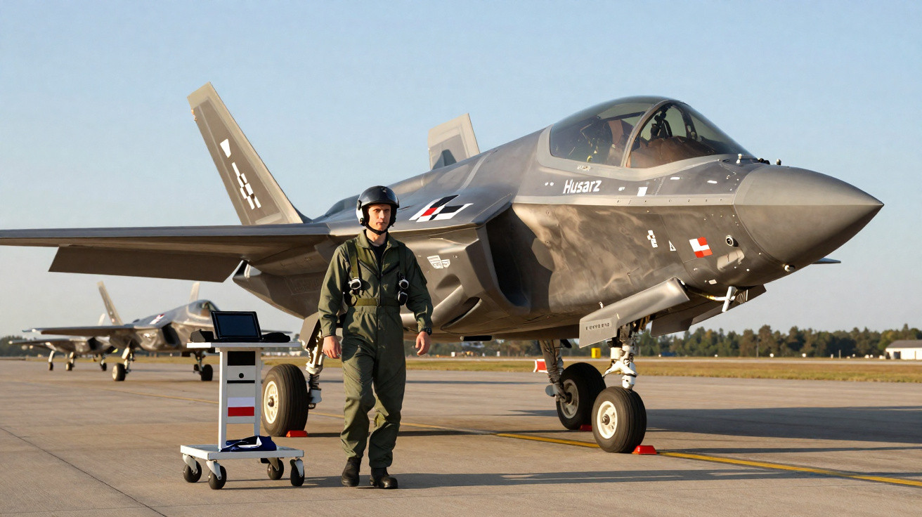Piloto militar caminha ao lado de caça F-35 estacionado em pista de aeroporto sob céu claro.