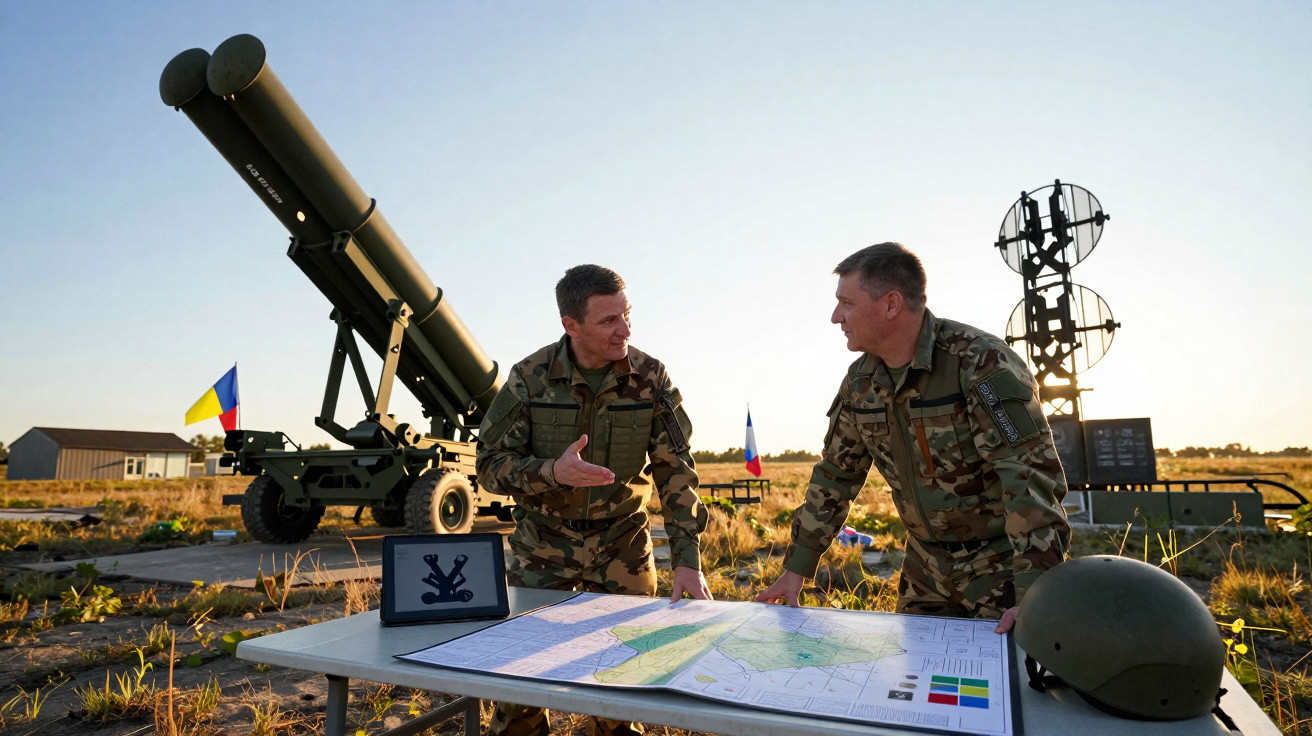 Dois militares em uniforme camuflado analisam mapa sobre mesa com fogueteiros e capacete ao ar livre ao entardecer.