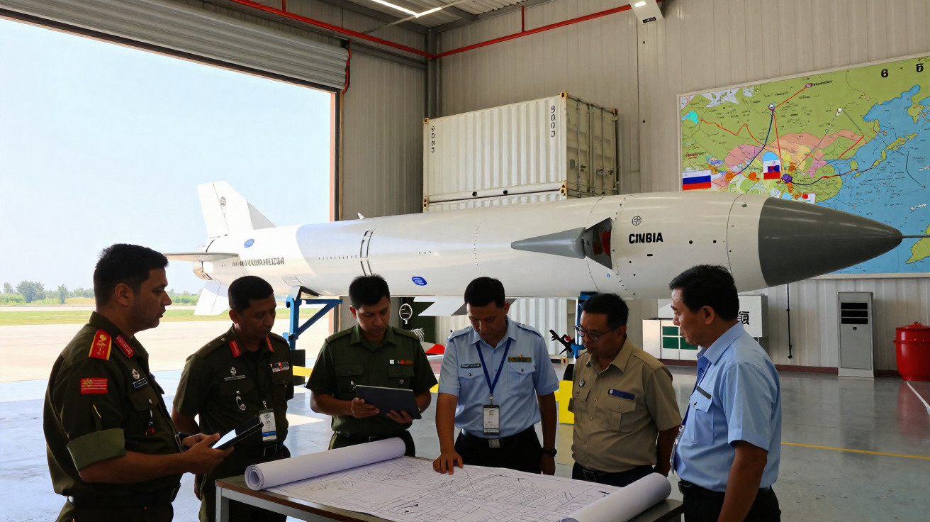 Seis homens revisam plantas na frente de um míssil em hangar com mapa e container ao fundo.