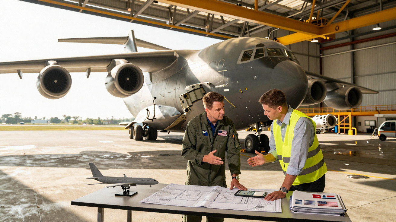 Dois homens discutem planos em frente a avião militar cinza em hangar, com maquete de aeronave na mesa.