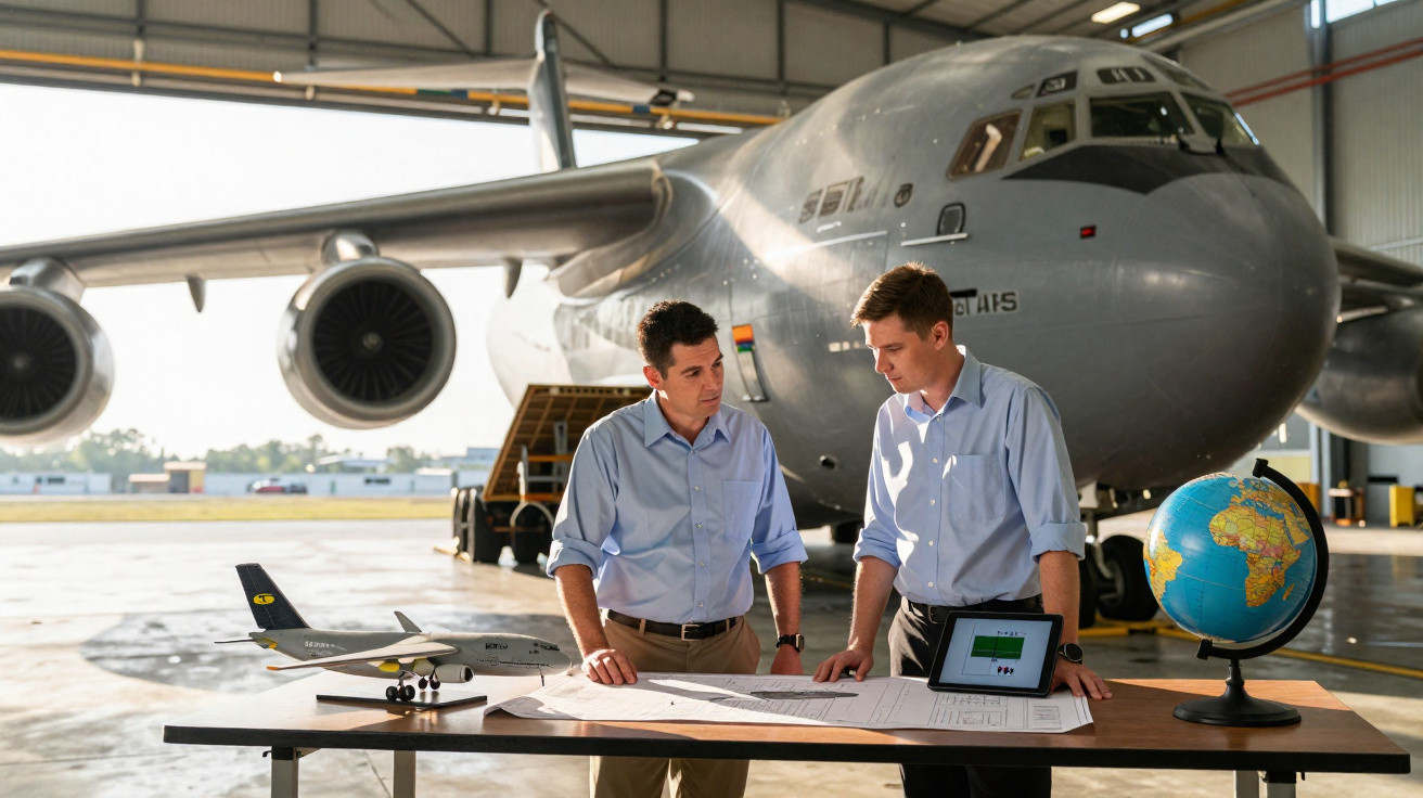 Dois homens discutem planos em mesa com maquete de avião, mapa e tablet, em hangar com avião de grande porte ao fundo.