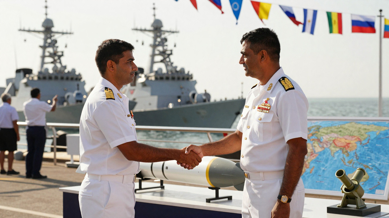 Dois oficiais da marinha em uniforme branco cumprimentam-se com aperto de mão em um navio militar.