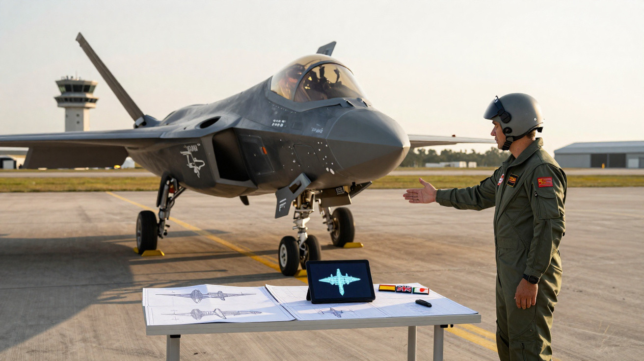 Piloto militar em uniforme verde e capacete cumprimenta avião de caça F-35 na pista de aeroporto ao pôr do sol.