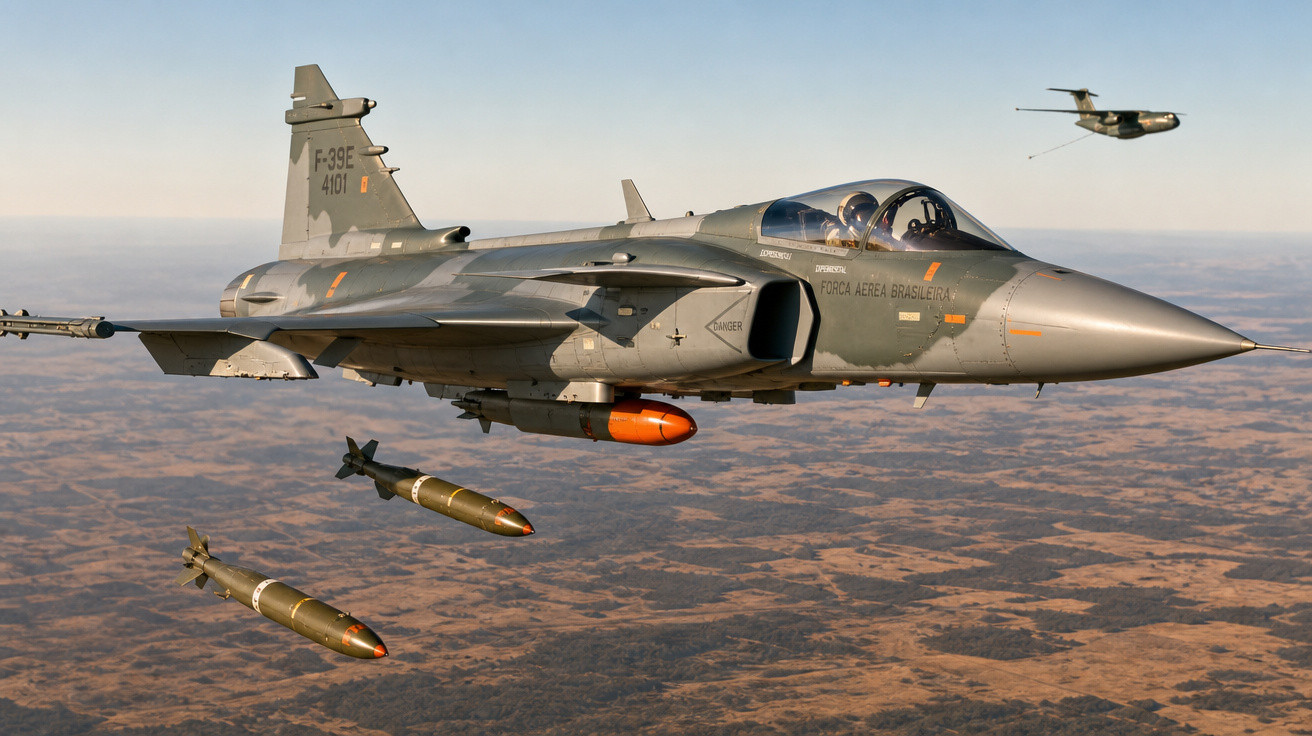 Caça brasileiro F-39E Gripen armado voando sobre terra seca em dia claro.