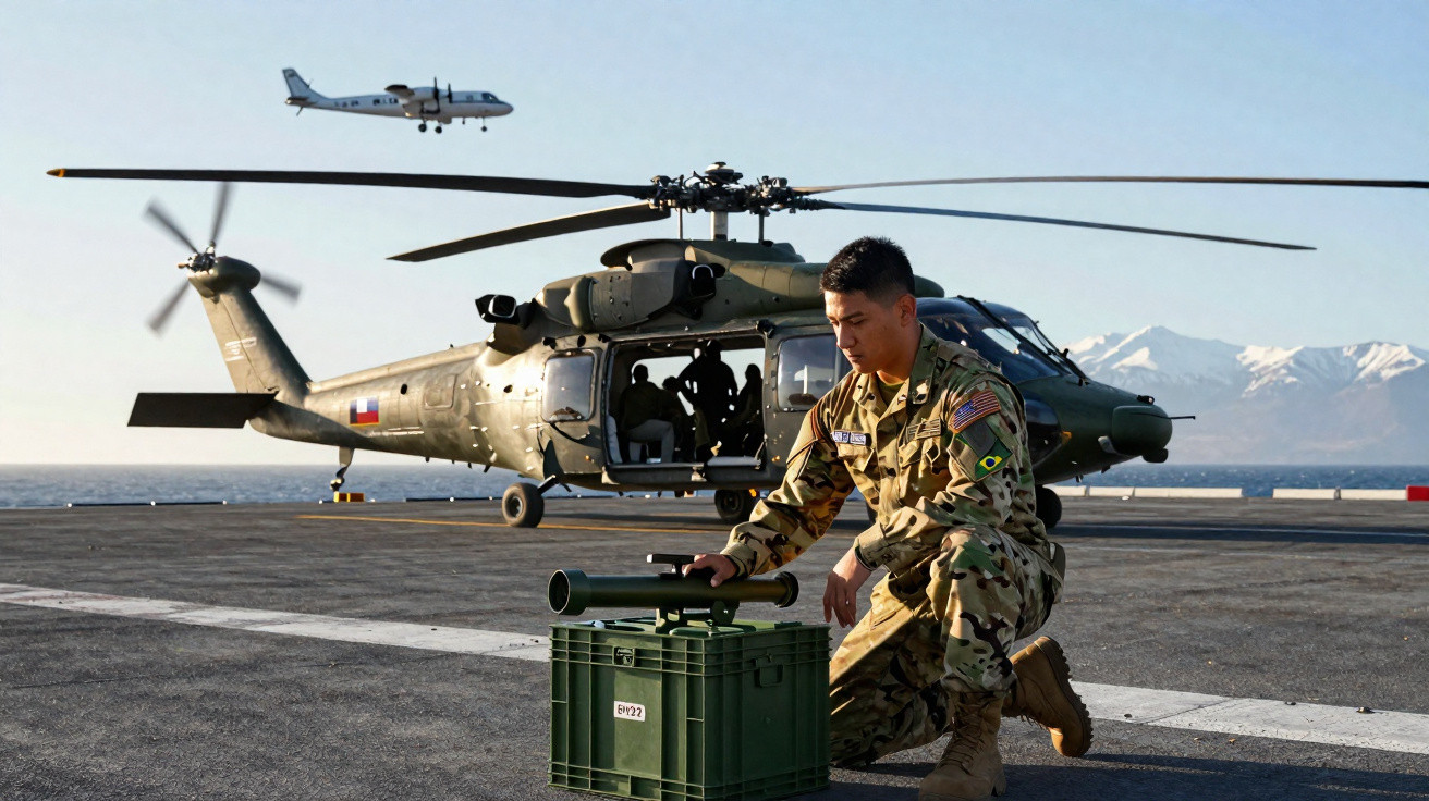 Soldado em uniforme camuflado prepara equipamento militar em deck com helicóptero e avião ao fundo, montanhas e mar.