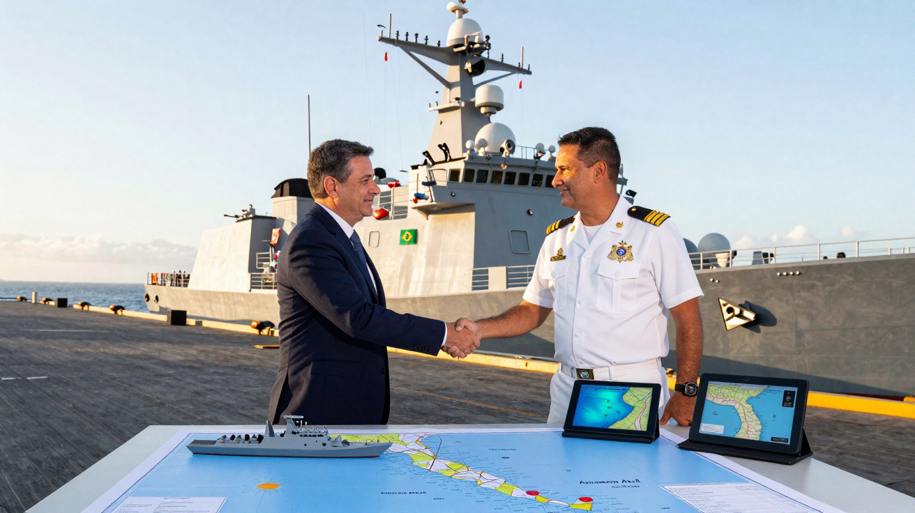 Dois homens, um fardado e outro de terno, apertam as mãos em frente a um navio de guerra e mapas náuticos.