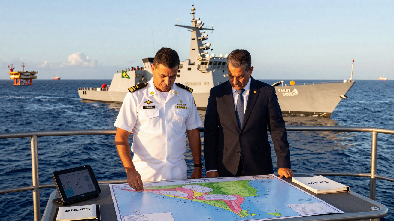 Dois homens, um da marinha e outro de terno, analisam mapa náutico em barco com navio e plataforma ao fundo.