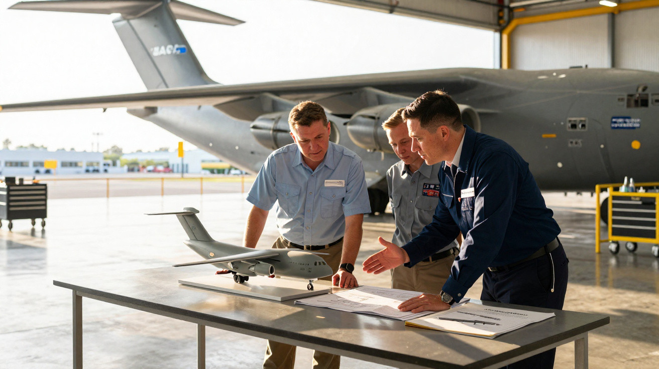 Três homens discutem planos ao lado de maquete de aeronave em hangar com avião militar ao fundo.