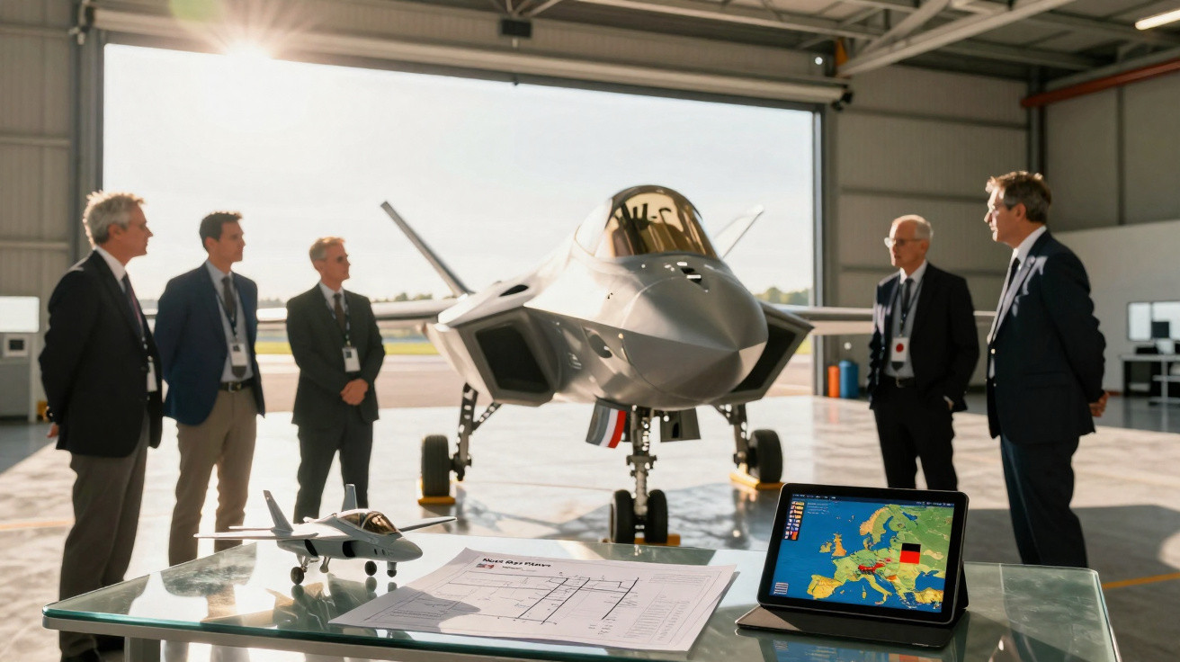 Cinco homens em terno observam caça militar em hangar, mesa tem maquete, planta e tablet com mapa da Europa.