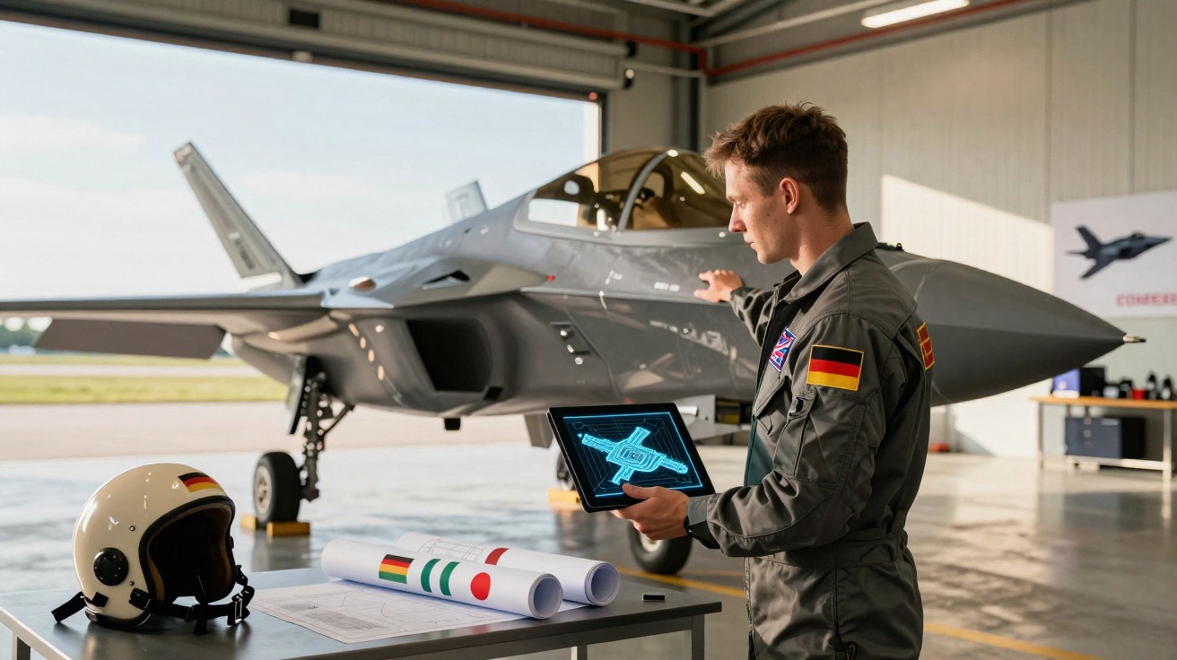 Piloto militar alemão com tablet inspeciona avião de caça em hangar com capacete e plantas na mesa.