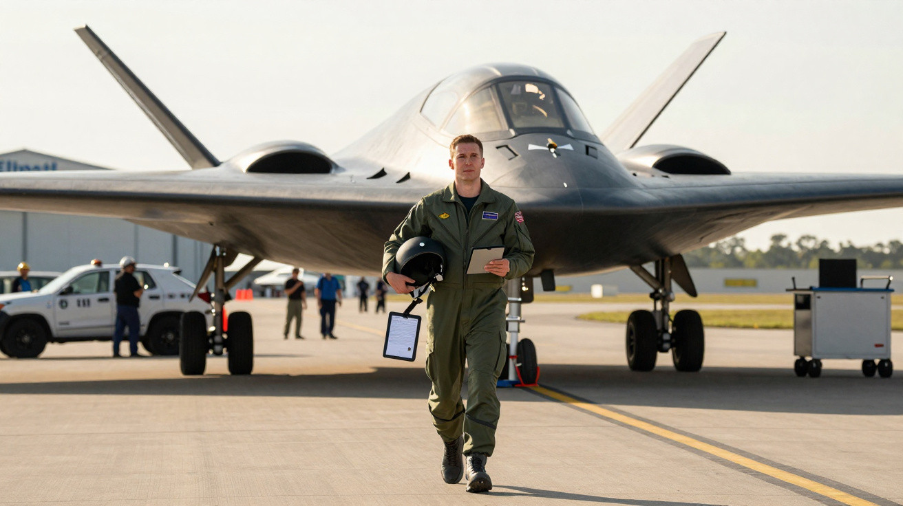 Piloto militar caminhando à frente de um avião furtivo estacionado em pista de aeroporto.