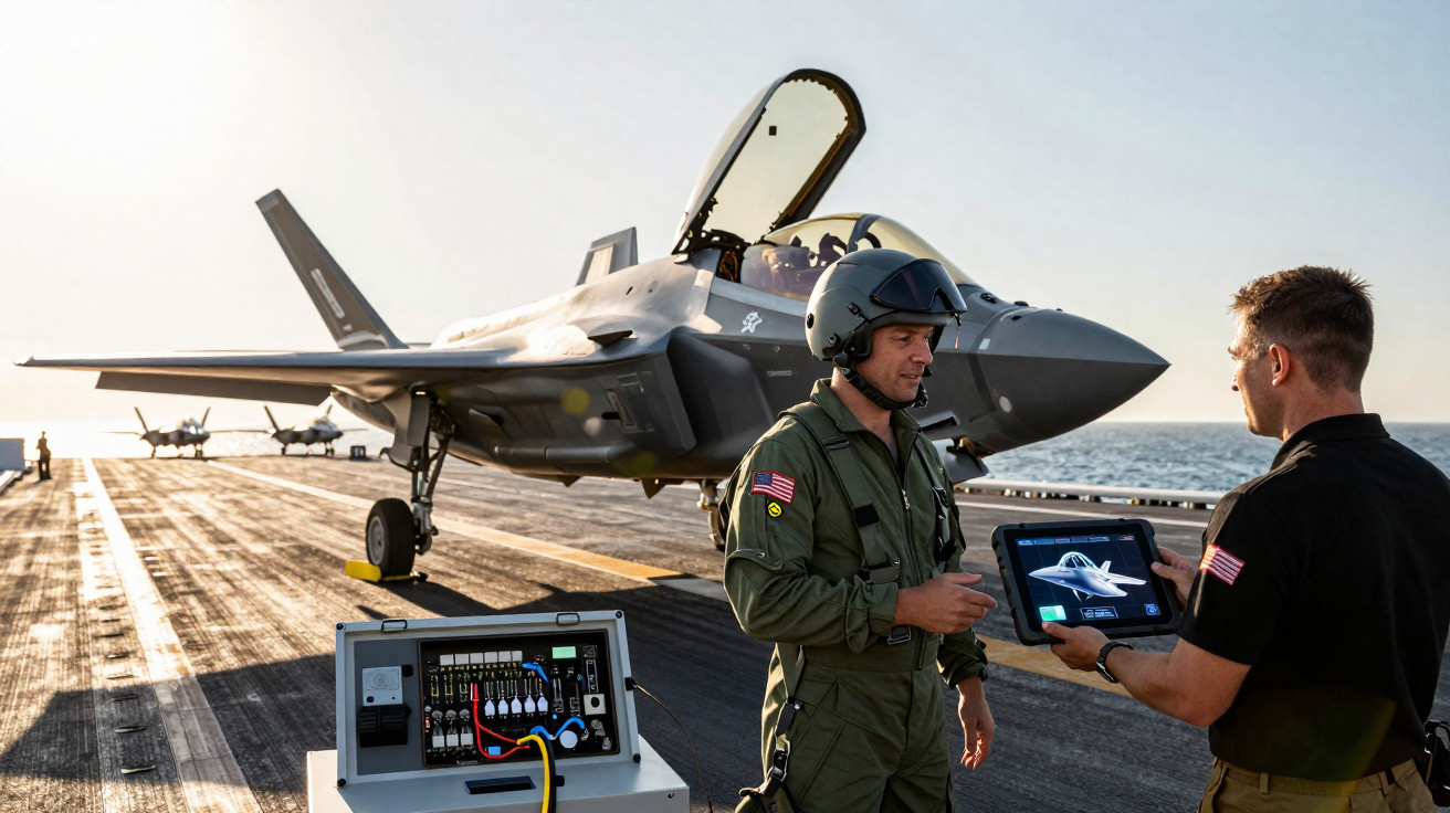 Dois militares conversam ao lado de caça F-35 em convés de porta-aviões ao pôr do sol.