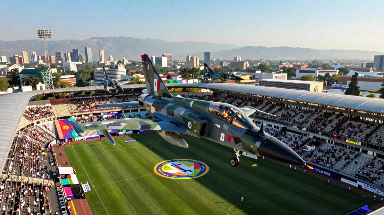 Caça-bombardeiro militar sobrevoa estádio durante evento com público nas arquibancadas e cidade ao fundo.