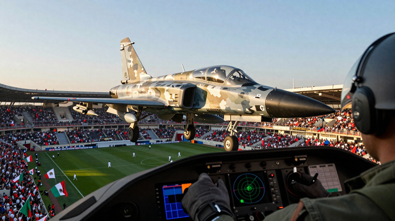 Avião militar camuflado voando baixo sobre estádio durante partida de futebol vista do cockpit.
