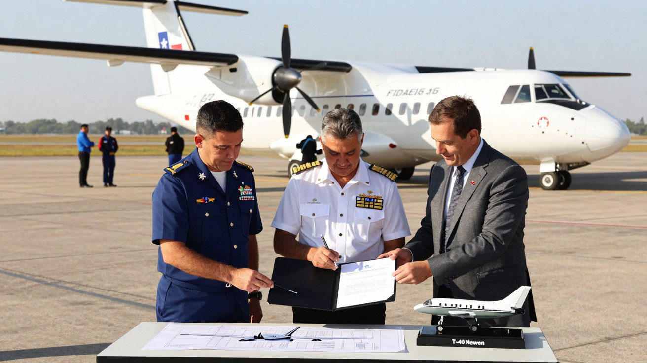 Três homens, dois militares e um civil, assinam documentos em mesa com maquete de avião e aeronave ao fundo.