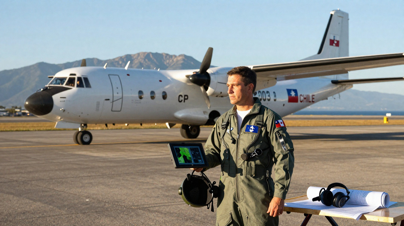 Homem em uniforme militar segurando tablet e capacete perto de avião branco estacionado com montanhas ao fundo.