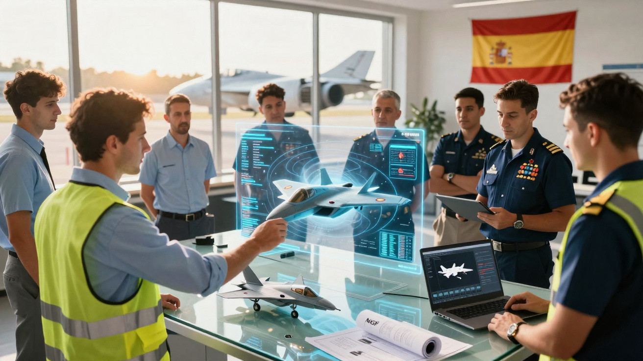 Equipe militar analisando modelo de avião e projeção holográfica de aeronave em sala com bandeira da Espanha.