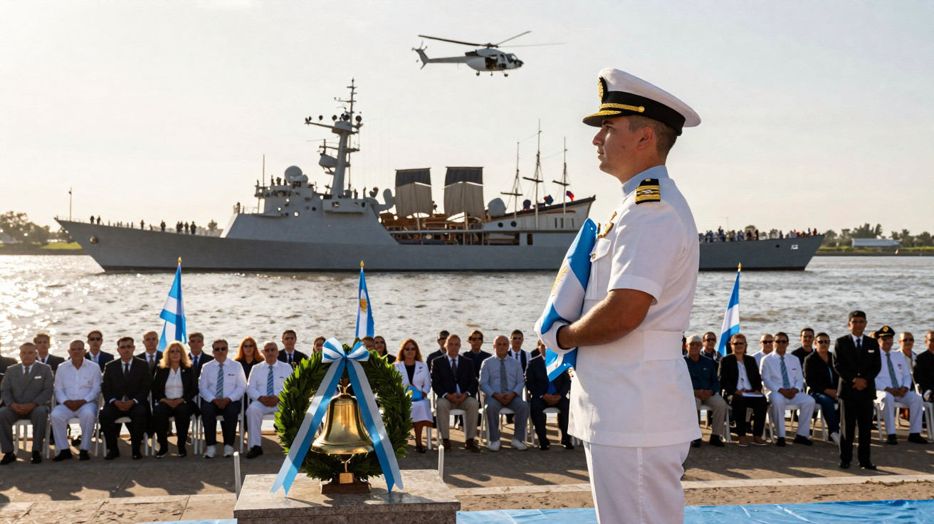 Marinheiro em cerimônia naval com público, navio de guerra ao fundo e helicóptero no céu.