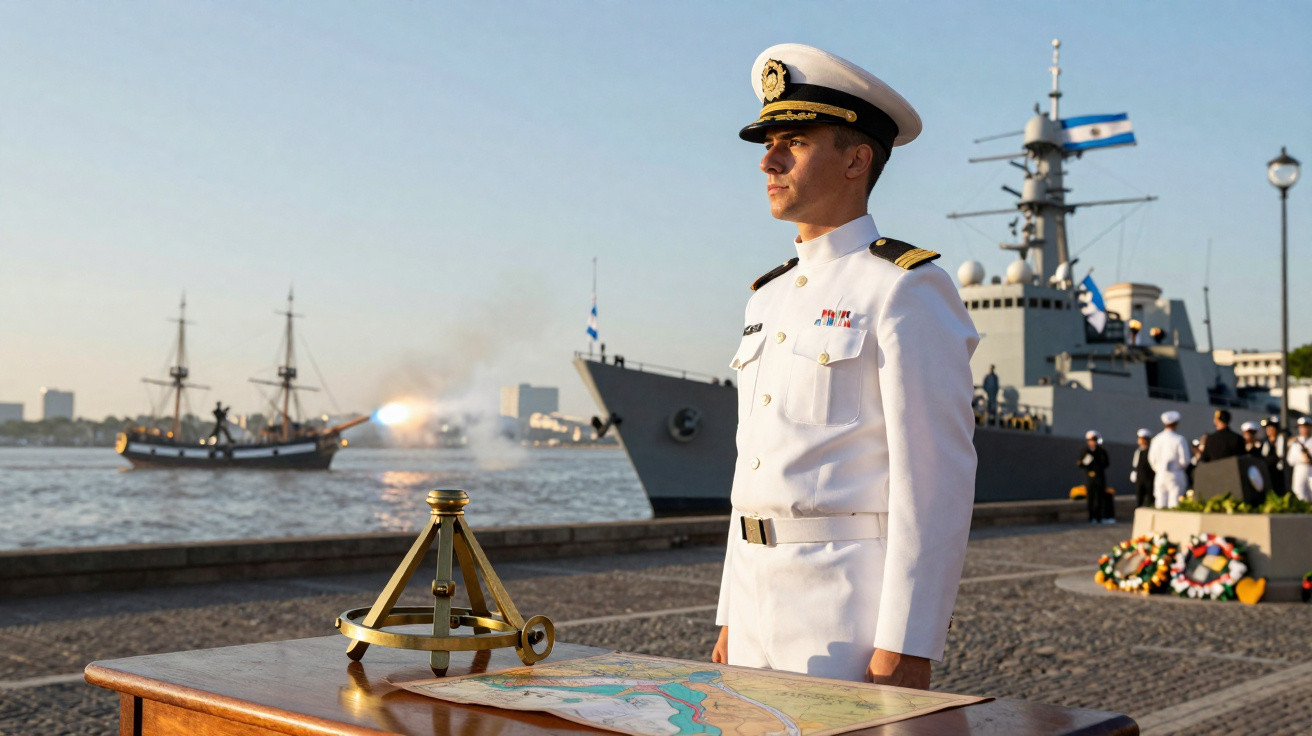 Marinheiro em uniforme branco em cerimônia naval com navios e bandeira da Argentina ao fundo.