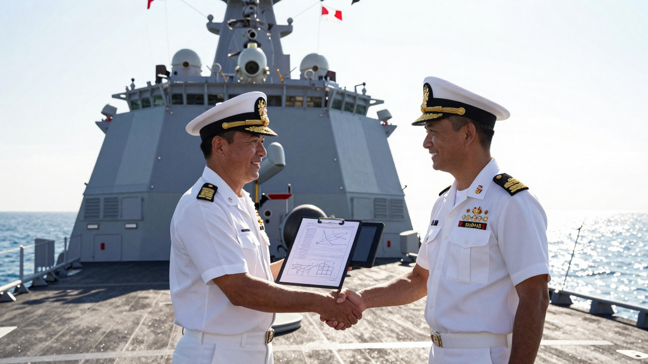 Dois oficiais da marinha de farda branca apertam as mãos no convés de um grande navio militar.