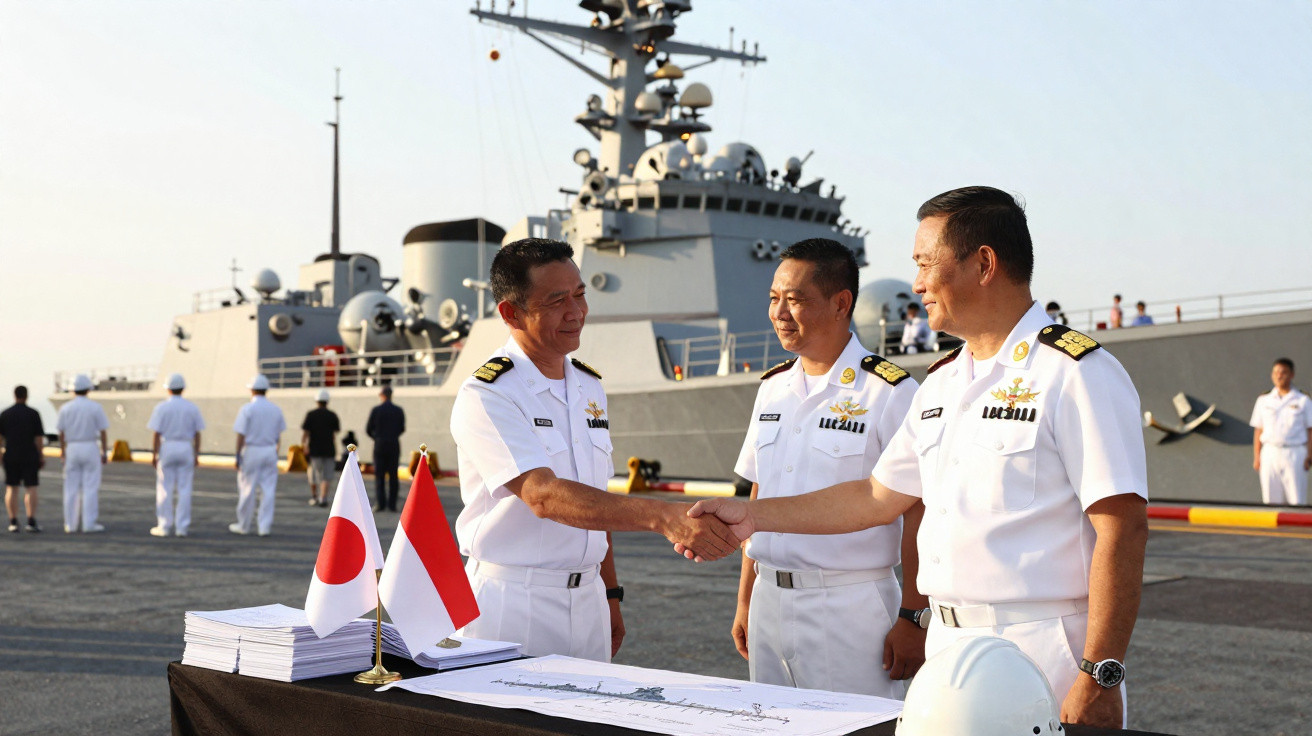 Três oficiais da marinha em uniforme branco apertam as mãos diante de mesa com plantas e bandeiras do Japão e Indonésia.