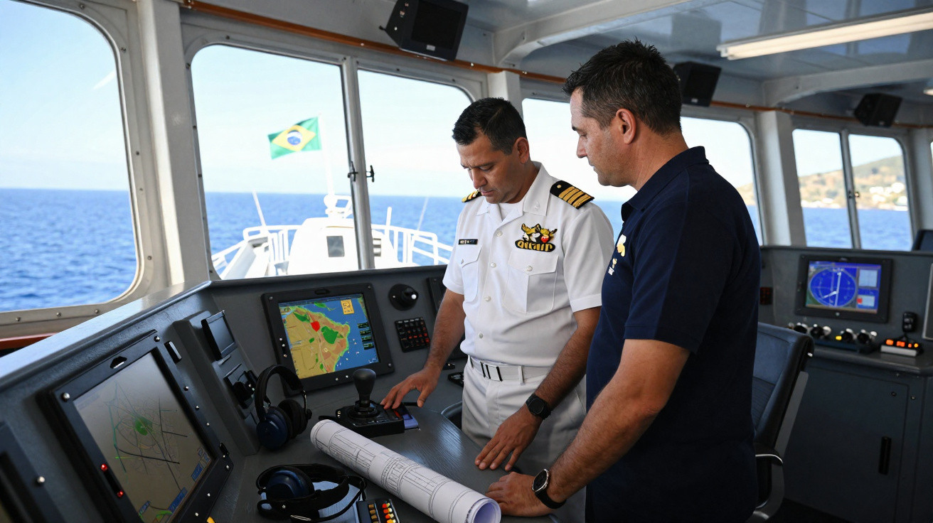 Dois homens, um fardado, operam equipamentos de navegação no interior da cabine de um barco com mar ao fundo.