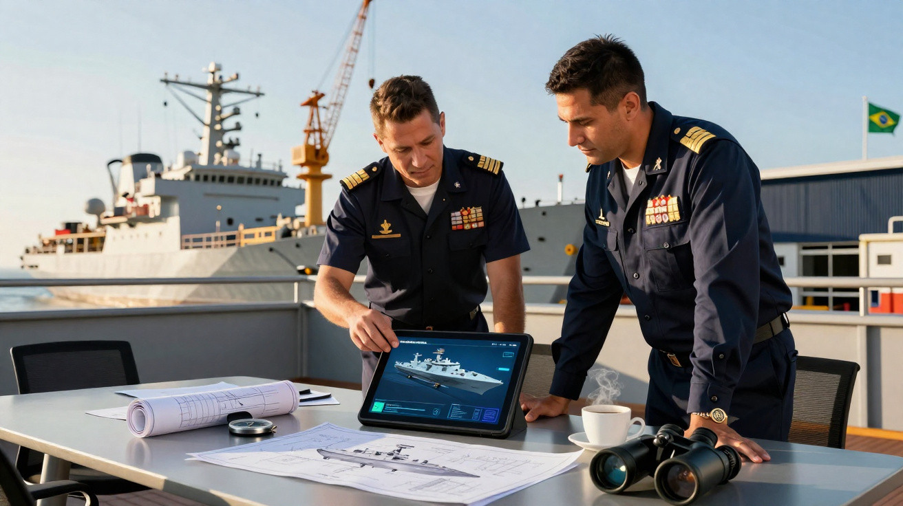 Dois oficiais da marinha em uniforme azul analisam projeto de navio em tablet e plantas, com navio ao fundo.