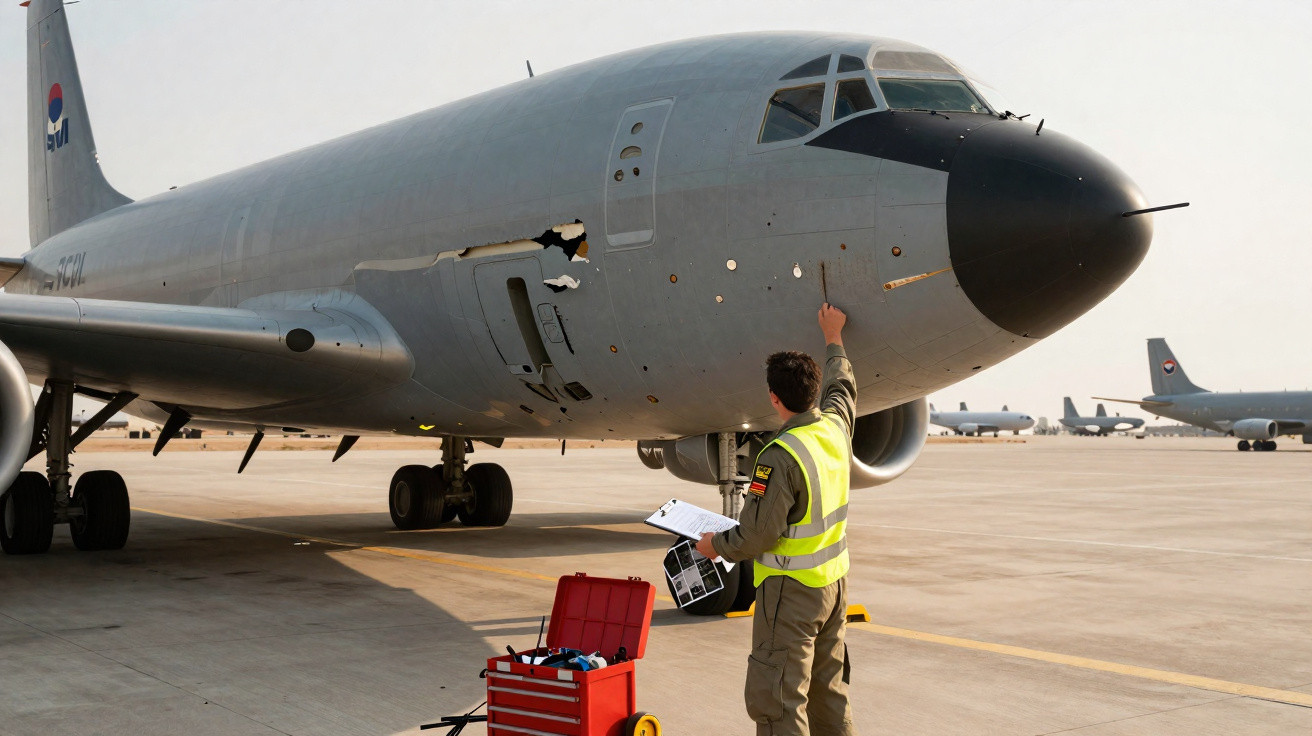 Técnico inspeciona danos na fuselagem de avião militar cinza estacionado em pista de aeroporto.