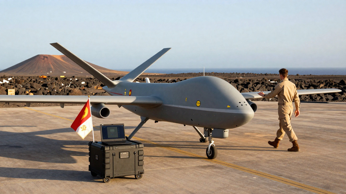 Drone militar cinza estacionado em pista com homem em uniforme e montanha ao fundo.
