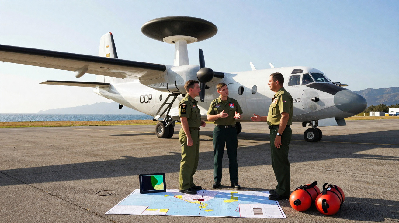 Três militares conversam ao lado de uma aeronave de vigilância estacionada em pista com mapas no chão.