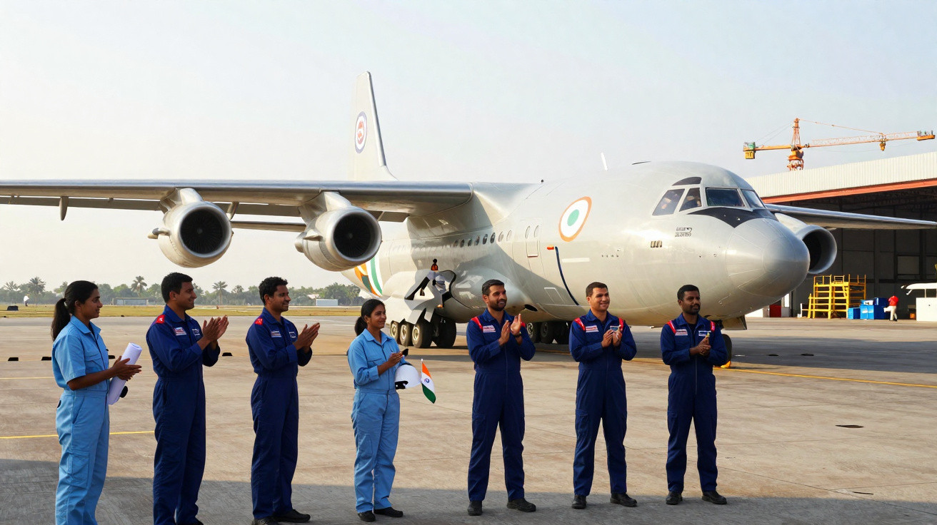 Equipe de pilotos em uniforme azul aplaudem em frente a aeronave militar estacionada em hangar.