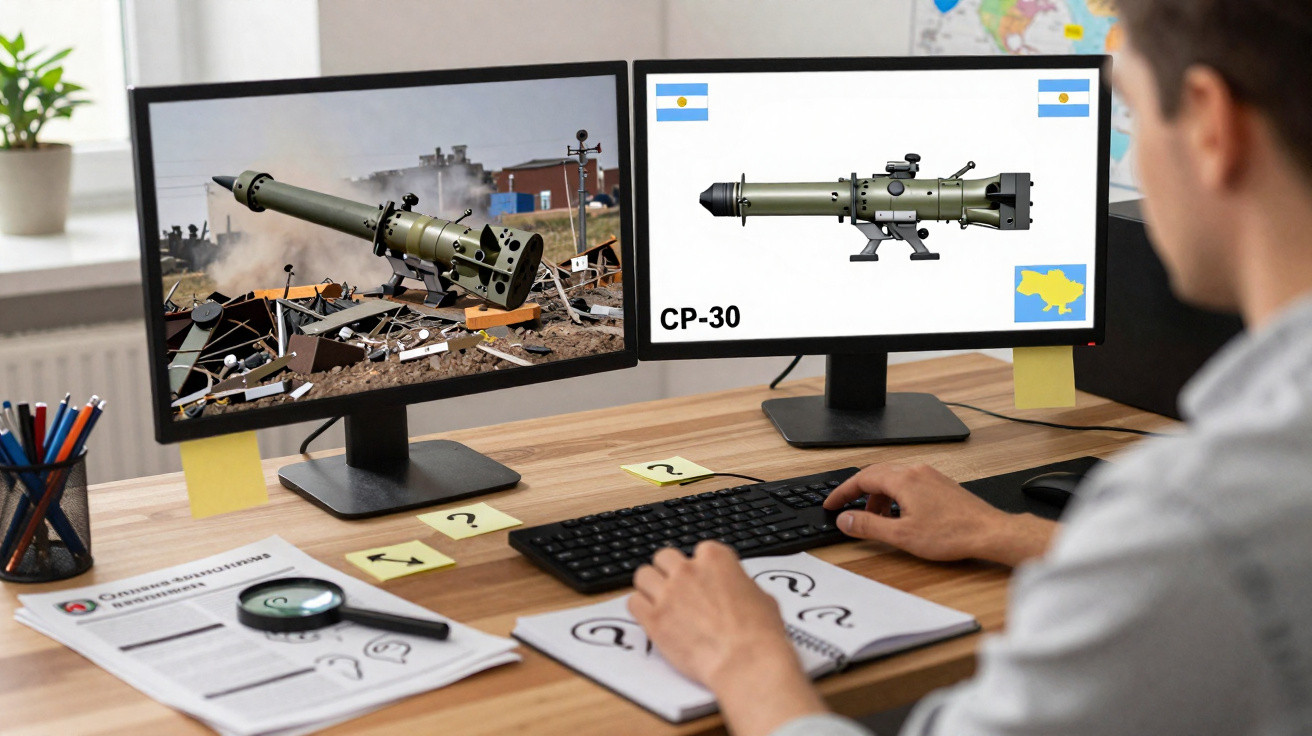 Pessoa analisando imagens de uma arma antitanque CP-30 em dois monitores em ambiente de escritório.