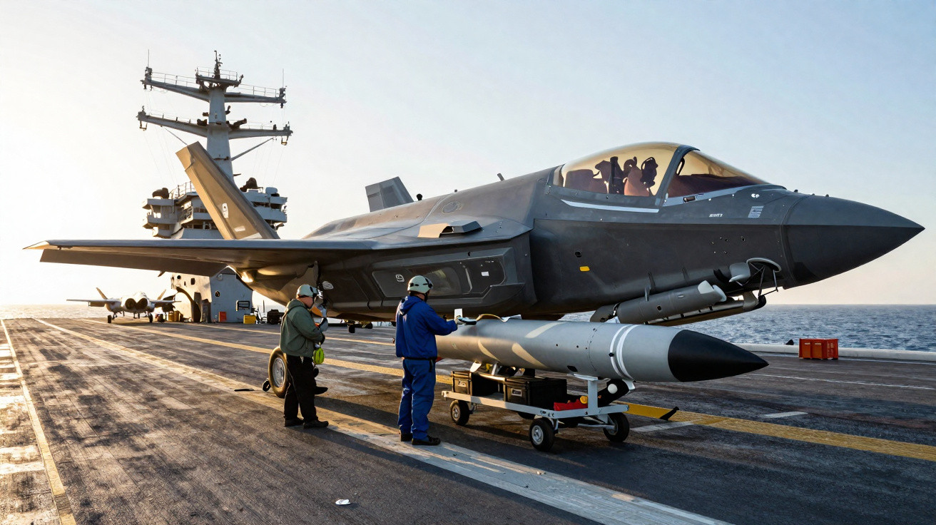 Caça F-35 no convés de porta-aviões com dois técnicos realizando manutenção ao pôr do sol.
