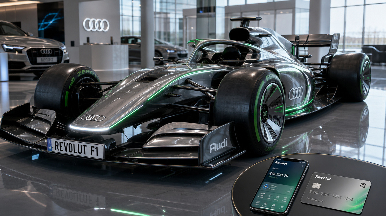 Carro de Fórmula 1 preto com detalhes verdes em exposição ao lado de celular e cartão Revolut dentro de showroom Audi.