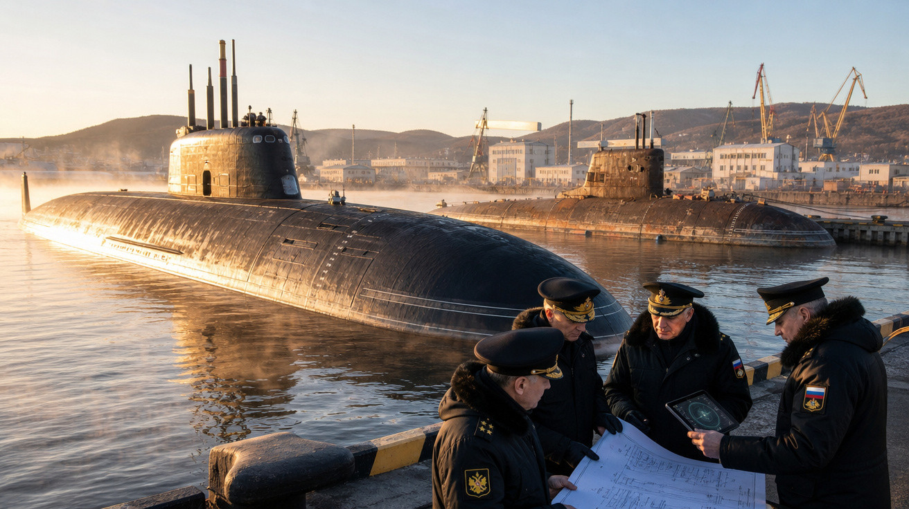 Quatro militares analisam documentos no cais ao lado de dois submarinos ancorados em um porto industrial ao amanhecer.
