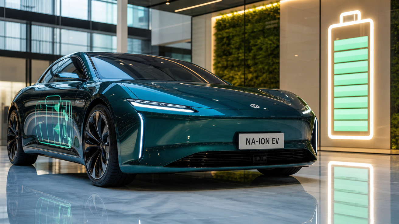Carro elétrico azul escuro exibido em ambiente moderno com símbolo digital de bateria carregada.