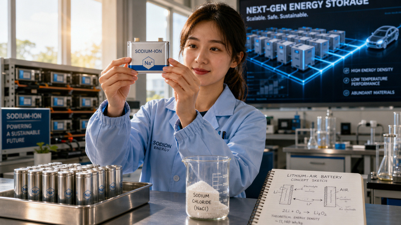 Mulher em laboratório segurando bateria de íon de sódio com equipamentos e quadro explicativo ao fundo.